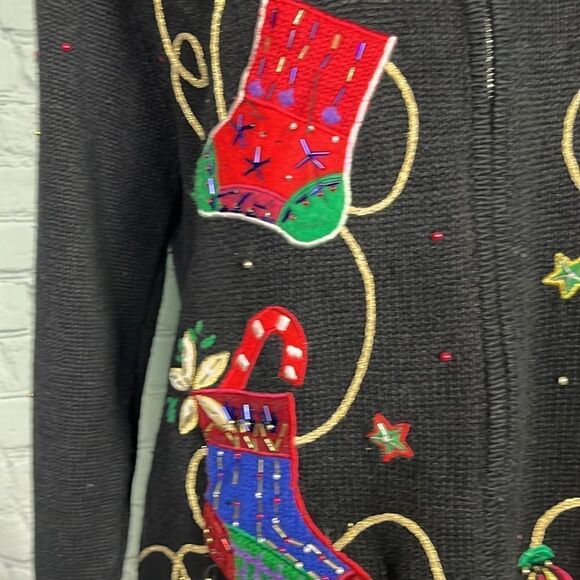 Vintage Embroidered Beaded Ugly Christmas Sweater Stocking themed Cardigan Large - Picture 3 of 8